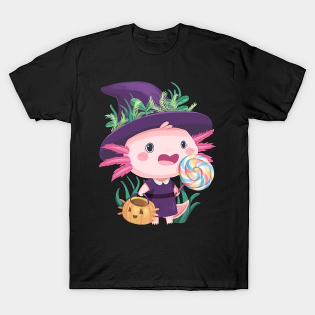 Trick or Treat Witch Axolotl T-Shirt by PamelooArt